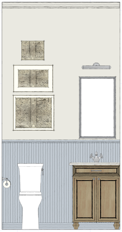 manor home half bathroom. grand millennial half bathroom elevation. custom bathroom vanity. french manor home kitchen elevation. brick mantel hood. cape charles interior designer. ex-pat interior design. agen'd aveyron designer. 