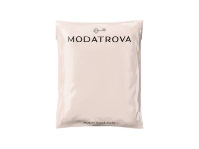 Peach colored poly mailer bag with black Modatrova logo and vintage key at top and website url at bottom