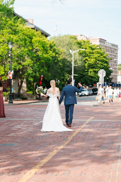 couple during portraits on their wedding day at peabody essex museum 