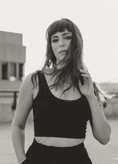 Windblown Hair BW Portrait of Desiree Electric Honey Photography