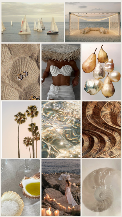 Coastal Modern wedding mood board showcasing sleek architecture, oceanfront views, neutral linens, and contemporary seaside styling.