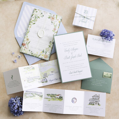 Light and airy wedding invitation suite with custom calligraphy
