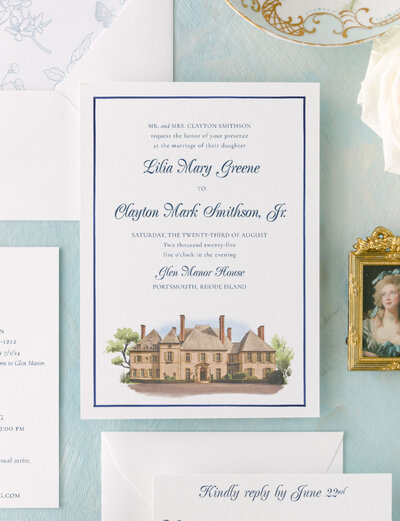Watercolor venue wedding invitation suite