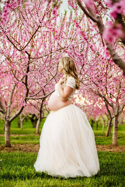 Blonde pregnant lady standing in the cherry blossoms at sunset wearing a cream tutu and lace crop shirt for her outdoor maternity photography session.