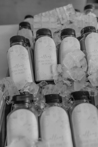 Black and white image of drink stickers for doljabi planned by Fancy Chancey in San Diego CA