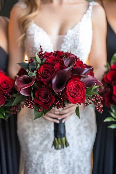 Bride and her bridal bouquet in burnt sienna red