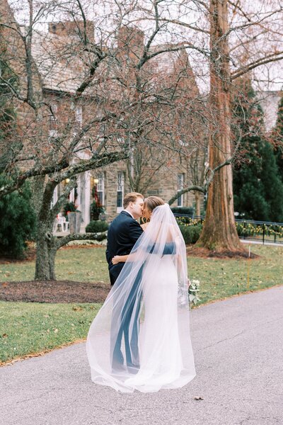 Bride and groom portrait with elegant venue
