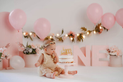 Baby celebrates first birthday with a Milestone Cake Smash Portrait Session in Asheville, NC.
