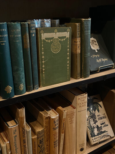 Vintage books on shelves in Twin Cities vintage home