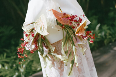 A bride laying on the truck of a palm tree. The trunk grows up at a gradual angle. The bride is wearing a flower crown and white dress. The image is black and white