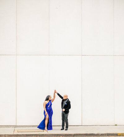 Showcase your love with a sophisticated engagement session in downtown Columbia, featuring formal attire and urban elegance.