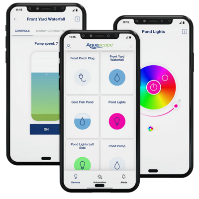 Smart phones with Aquascape Smart phone app features displayed