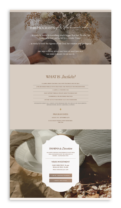 Temple Dreams Studio web design mockup for a feminine embodiment coach sales page