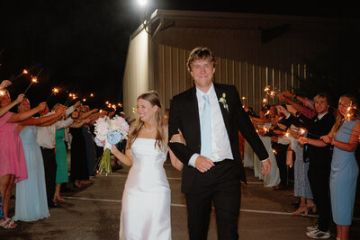 Photo of bride and groom leaving their wedding reception while their guests hold sparklers