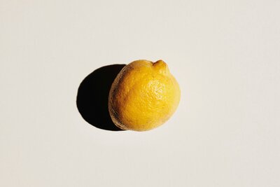 One lemon casting a shadow on a white background