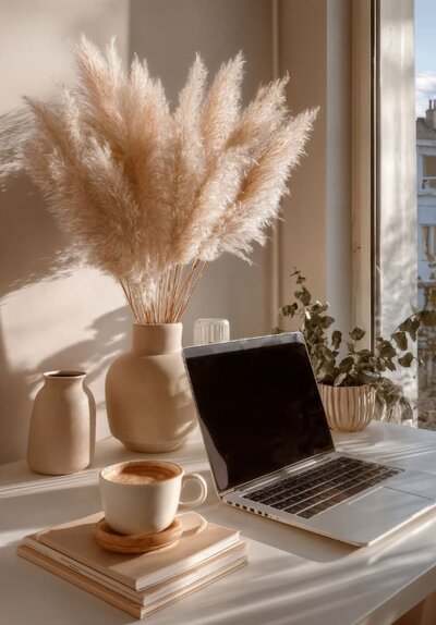 Laptop on desk with coffee cup and vase of flowers, background image for Simplero setup checklist resource.