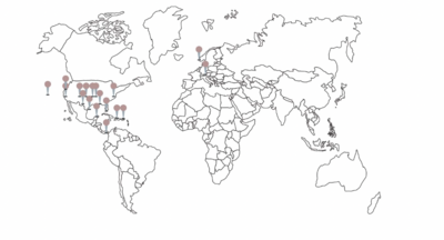 A map with pins of all the locations where traveling wedding photographer Two One Photography has worked.