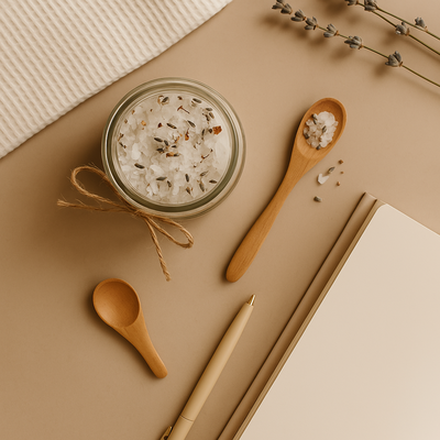 Relaxing flat lay with a bath salt DIY kit, perfect for promoting natural wellness, calming rituals, and spa-inspired routines at home.