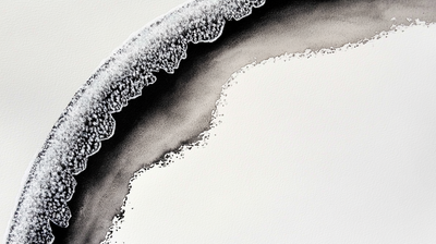 Close-up of a minimalist black and white watercolor depicting the edge of an oyster shell with grayish-white coral microcosm. Fluid tones and shapes blend seamlessly, creating a surreal atmosphere. The design balances serene elegance with bold shadows and muted colors, perfect for luxury branding and creative design inspiration.