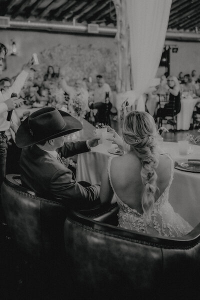 couple cheersing their drinks during the speeches at their wedding reception