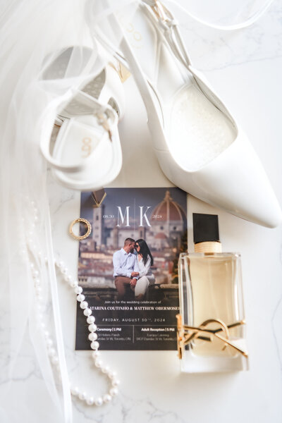 bride details photographed in flat lay at hotel