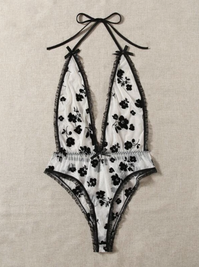 Floral Mesh Bodysuit White Black XL