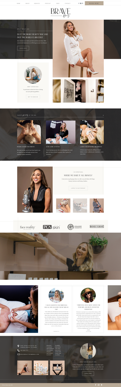 Full-page view of the Brave Beauty Spa website design, created by The Aesthetic Edit, illustrating the comprehensive online presence for this Virginia Beach esthetician salon.