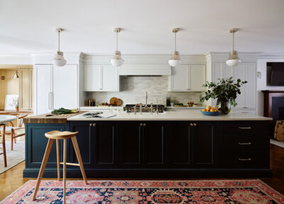 Restored South End brownstone kitchen with traditional interior design details, mixing modern, mid-ccentury, and vintage elements. 