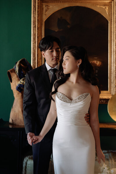 Elegant portrait of a Korean bride and groom captured by Chicago wedding photographer Abe Fernandez in a candid, documentary style on film and digital