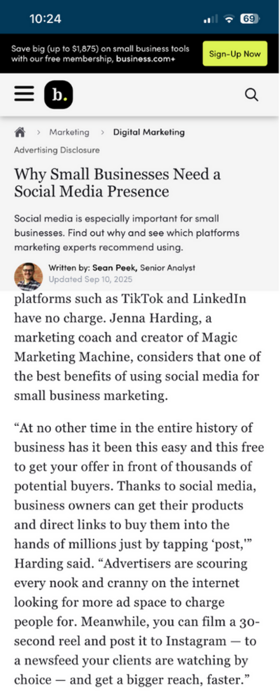 Screenshot of business.com featuring Jenna Harding highlighting her expertise on social media marketing.