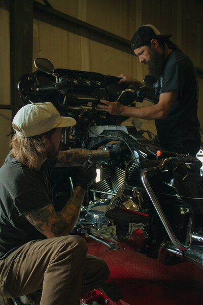 King City Choppers techs  working on a Harley Davidson