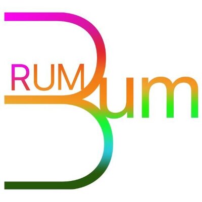 Gradient logo reading “Rum Bum” with overlapping letters in pink, orange, and green on a white background with caribbean vibes