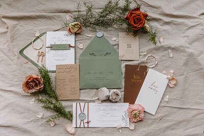 Green white and brown elopement wedding stationery suite