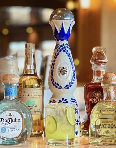 Liquor and spirit bottles on the bar counter