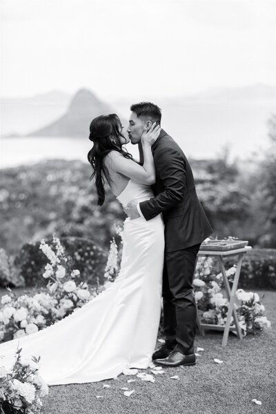 A wedding couple during their frist kiss 