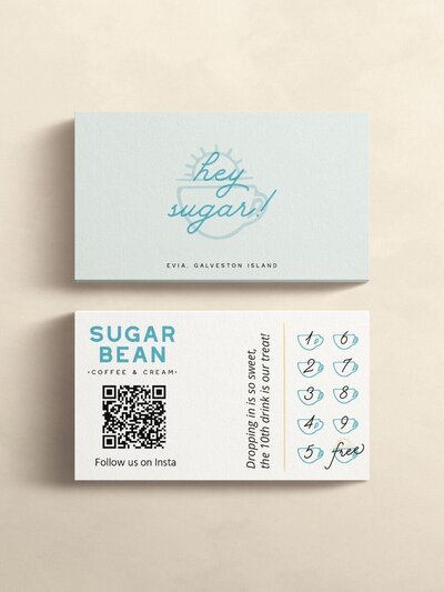 Sugar Bean Coffee & Cream branded loyalty card featuring ‘hey sugar!’ graphic, QR code, and punch card design.