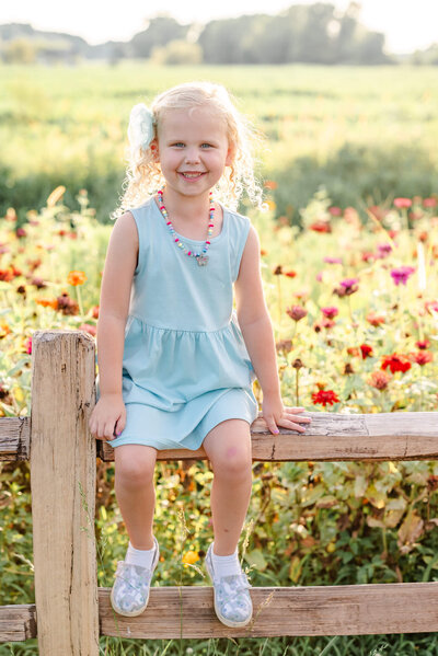 A young girl wearing a blue dress sits on a fence in a wildflower field. Photo by Justine Renee Photography.