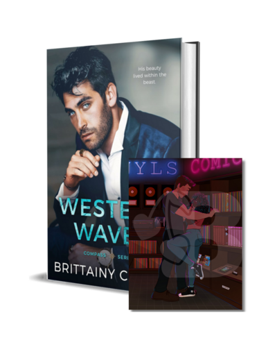 man with beard wearing a white shirt looks down on the cover of the air he breathes by romance author brittainy cherry