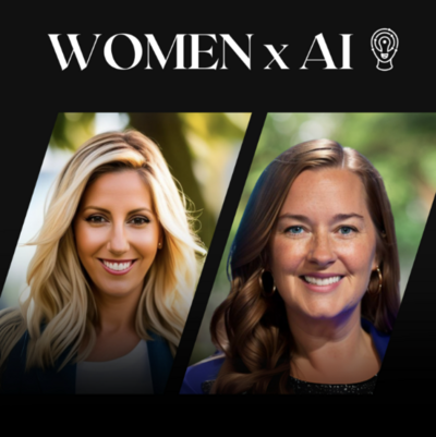podcast thumbnail features two female founders one with blond hair and one a brunette; both smiling at camera with women x ai as the title