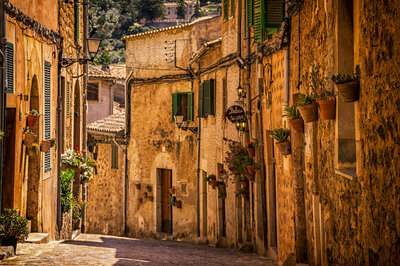 A narrow, rustic street in a sunlit Mediterranean village evokes the charm of luxury vacations. Stone buildings with green shutters line the path, adorned with potted plants and flowers. The scene has a warm, golden hue, giving it an inviting and serene atmosphere.