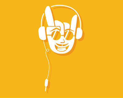Mascot illustration of a rocker hand symbol with a smiling face on it with reflective sunglasses, wearing headphones.