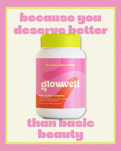 Creative packaging design for women’s supplement brand Glowwell — bold pink wellness branding for skin health vitamins.
