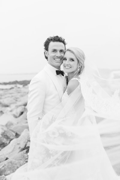 black and white beach wedding photo