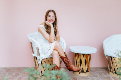 woman sitting down at Los Poblanos