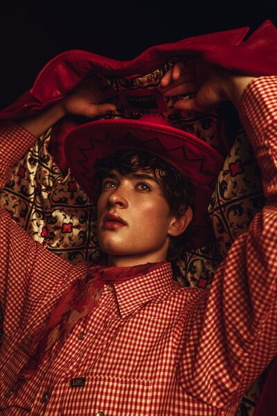 Red hat, Male, Red scarf, looking up