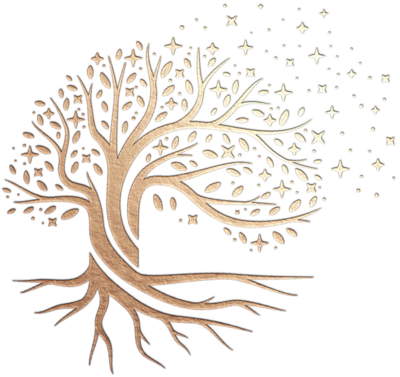 gold tree logo with leaves and stars
