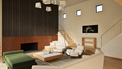 Natural lighting entryway with unique wooden console tables and textured cushion stools. Three arched mirrors on display on wall.