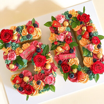 Number 50 cake for a 50th birthday party in autumnal colours & personalised details