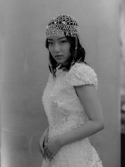 Bride at Baccahalia, Mayfair with a beaded head piece