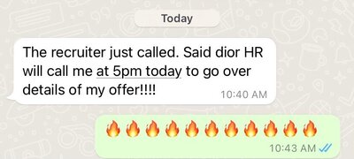 a screenshot of a text message Sho received from his client about a job offer from Dior